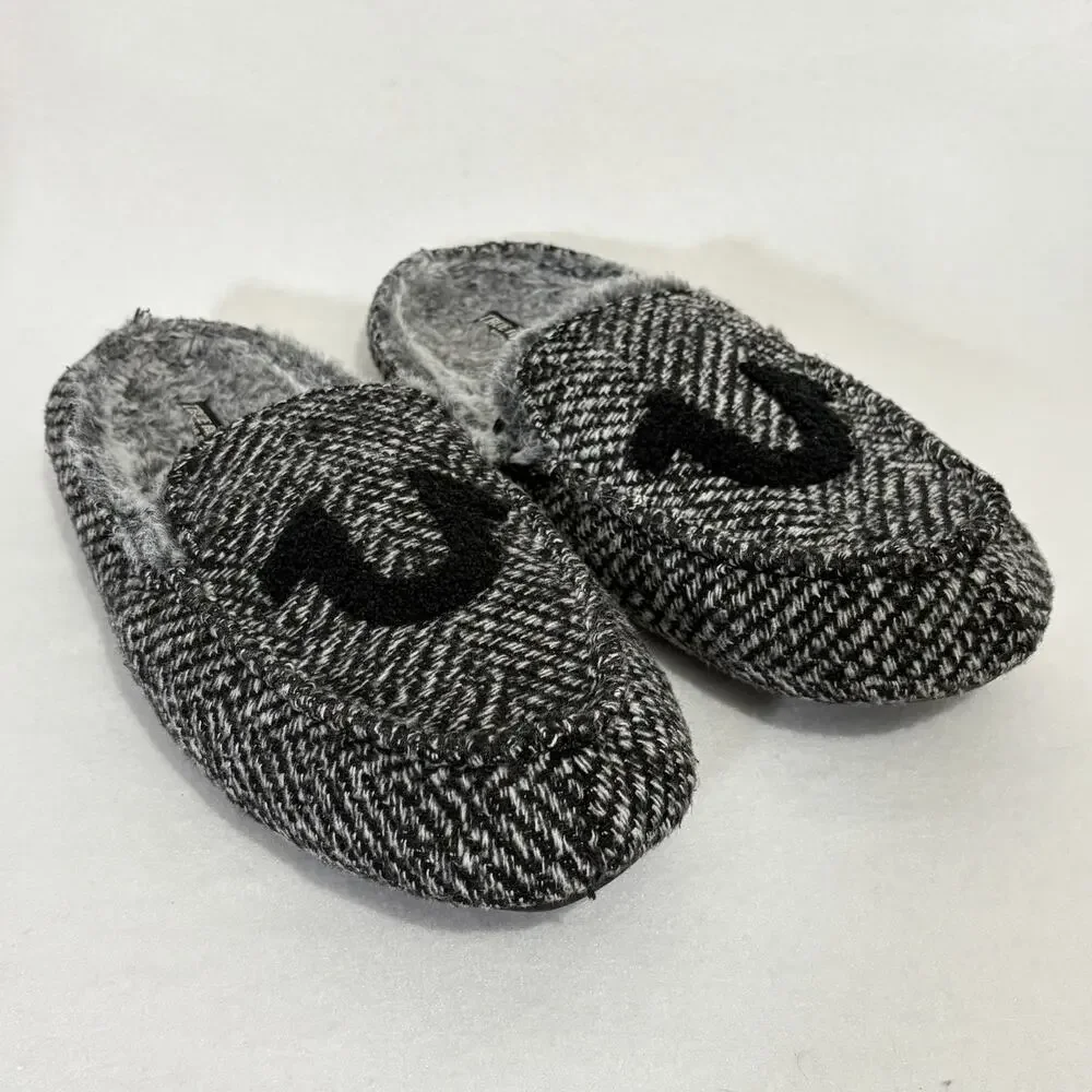 True Religion Mens Large 11-12 Herringbone Gray Faux Fur Lined Slip On Slippers